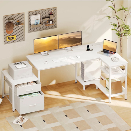 White shaped desk with - l-shaped,